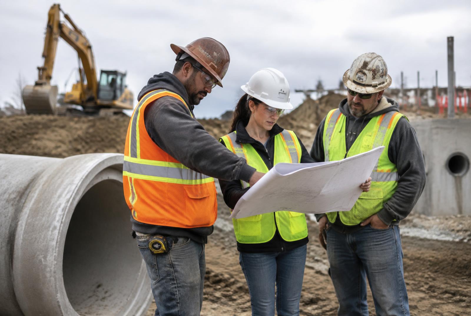 Construction and infrastructure professionals reviewing project plans at an active worksite