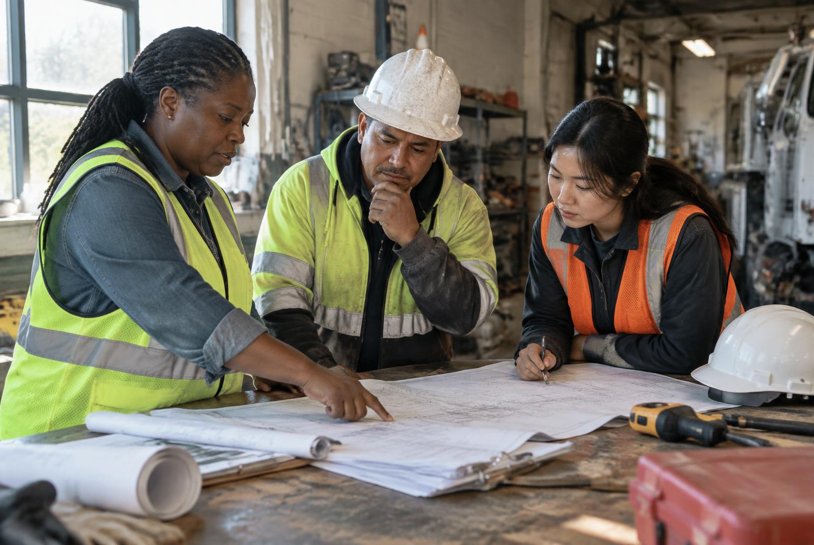 Contractors and an engineer reviewing infrastructure plans in a working utility shop